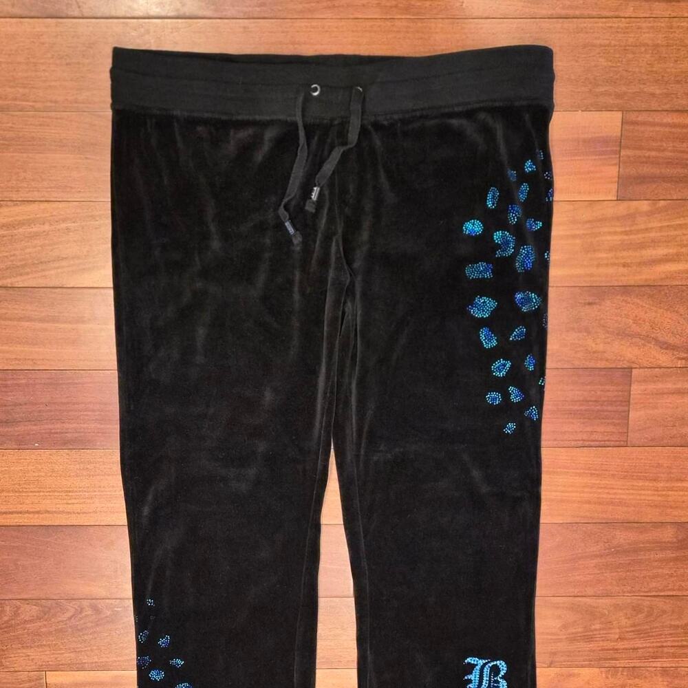 BCBG Max Azria Black Velour Joggers XL Y2K Rhinestone Gothic Logo Track Pants‎
